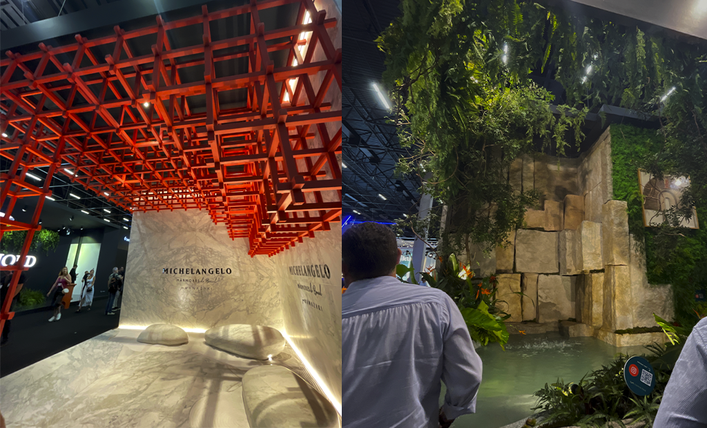 Foto de duas instalações de arte. A primeira, à esquerda, tem cubos vermelhos no teto e mármore branco no chão e paredes. A da direita tem paredes de pedra com vegetação e uma piscina ao centro.