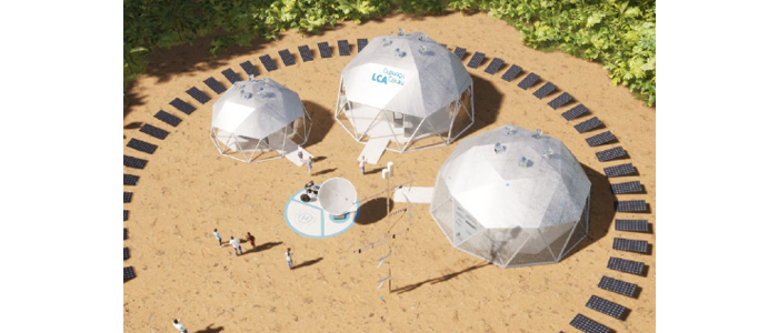 Imagem de cima da vila LCA com três domos. No centro, destaque para as placas solares