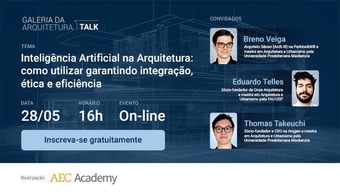banner convidando os leitores para assistirem ao talk sobre inteligencia artificial na arquitetura, com foco em como utilizar garantindo integração, ética e eficiência 